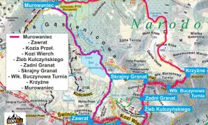 Mapa Tatr z zaznaczonymi szlakami. Widoczny m.in. Kozi Wierch, Murowaniec, Zawrat.