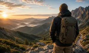 Wędrowiec w plecaku od polskich marek outdoorowych podziwia górski krajobraz o wschodzie słońca.