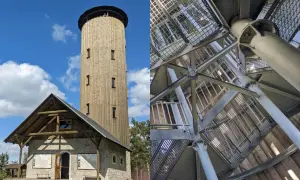 Wieża widokowa na Borówkowej Górze. Drewniana konstrukcja z kamiennym budynkiem u podstawy i metalowymi schodami w środku.