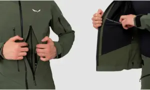 Męska kurtka z materiału softshell w kolorze khaki. Detale: logo, zamki, kaptur, kieszenie. Idealna na wędrówki.