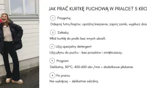 Kobieta w czarnej kurtce puchowej z flagą Norwegii. Obok instrukcja, jak prać kurtkę puchową w pralce.