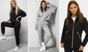 Trzy kobiety prezentują stylowe stroje: czarny dres, szary komplet i czarną kurtkę z różowymi detalami. Idealny strój w góry damski na każdą okazję.