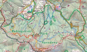 Mapa turystyczna z zaznaczonymi **beskid żywiecki szlaki**. Widoczne szczyty, doliny, potoki i punkty orientacyjne.