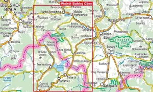 Mapa turystyczna z zaznaczonymi trasami i miejscowościami. Pokazuje skąd na Babią Górę, z zaznaczonymi szlakami i parkami narodowymi.