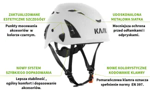 Jaki kask w góry? Biały kask z pomarańczową klamrą, udoskonaloną siatką i punktami mocowania akcesoriów. Idealny na górskie wyprawy.