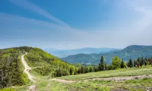 Widok na Beskid Śląski z trasą na Klimczok. W oddali widać szczyt z wieżą. Grupa turystów wędruje po zielonych zboczach.
