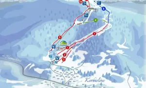 Mapa tras narciarskich w Korbielowie. Widoczny szlak na Pilsko z Sopotni Wielkiej, oznaczenia wyciągów i tras.