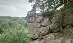 Skały przypominające głowę zwierzęcia na trasie w Ciężkowicach. W tle zielony las i zachmurzone niebo.