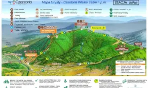 Mapa turystyczna Wielkiej Czantorii z zaznaczonymi szlakami, kolejką linową i atrakcjami.