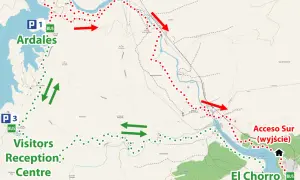 Mapa szlaku "Ścieżka Króla" z zaznaczonymi parkingami P1, P2, P3, punktem recepcyjnym i wejściami/wyjściami.