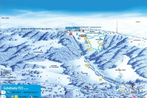 Mapa narciarska Gubałówki z trasami, wyciągami i atrakcjami. Widoczny Snow Park i punkty gastronomiczne.