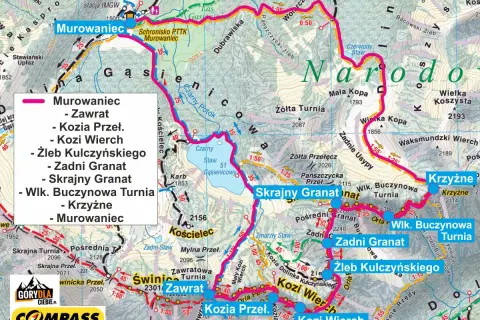 Mapa Tatr z zaznaczonymi szlakami. Widoczny m.in. Kozi Wierch, Murowaniec, Zawrat.