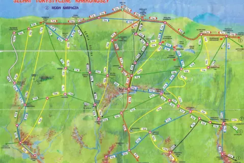 Mapa szlaków turystycznych Karkonoszy, region Karpacza. Widoczne liczne szlaki piesze, punkty widokowe i schroniska.