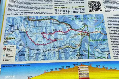 Gorce atrakcje: mapa tras narciarskich z Obidowej na Turbacz. Czas przejazdu ok. 2,5-3h.
