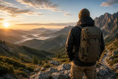 Wędrowiec w plecaku od polskich marek outdoorowych podziwia górski krajobraz o wschodzie słońca.