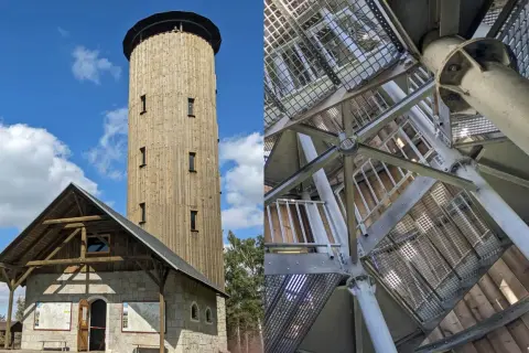 Wieża widokowa na Borówkowej Górze. Drewniana konstrukcja z kamiennym budynkiem u podstawy i metalowymi schodami w środku.