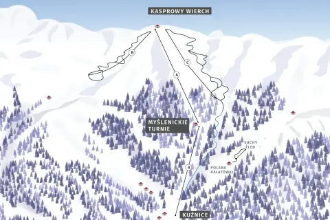 Mapa szlaków z Kasprowego Wierchu. Widok na ośnieżone stoki, lasy i wyznaczone trasy narciarskie od Kuźnic przez Myślenickie Turnie aż po szczyt.