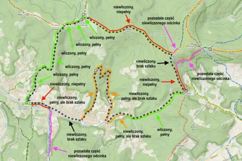 Mapa przedstawia różne rodzaje szlaków turystycznych: wliczone, niewliczone, pełne, niepełne i z brakującym odcinkiem.