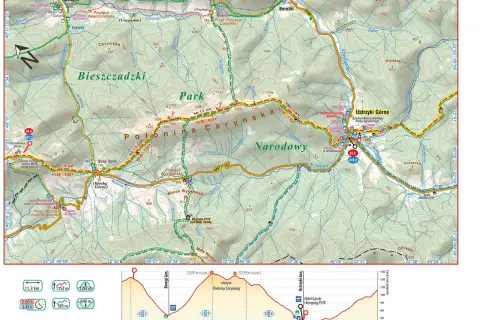 Mapa szlaku **czerwony szlak beskidzki** przez Połoninę Caryńską i Park Narodowy. Widoczne szczyty, schroniska i profile wysokości.