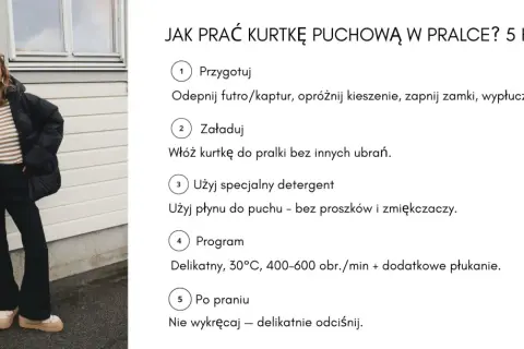Kobieta w czarnej kurtce puchowej z flagą Norwegii. Obok instrukcja, jak prać kurtkę puchową w pralce.