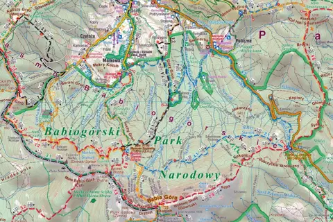 Mapa turystyczna z zaznaczonymi **beskid żywiecki szlaki**. Widoczne szczyty, doliny, potoki i punkty orientacyjne.