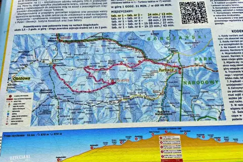 Mapa szlaku narciarskiego na Turbacz. Gdzie jest Turbacz? Na mapie zaznaczono trasę z Obidowej na Turbacz.