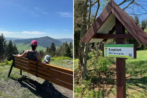 Rodzina odpoczywa na ławce, podziwiając widok na góry. Obok tabliczka informuje o szczycie Łopień, 951 m n.p.m.