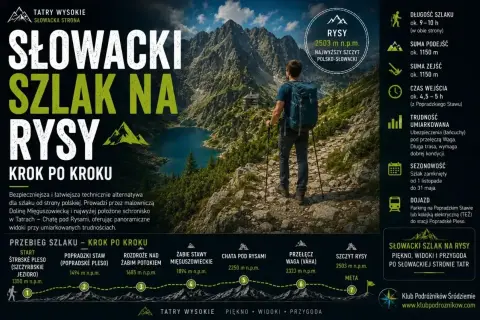 Wędrowiec z plecakiem na szlaku na Rysy, najwyższy szczyt polsko-słowacki. Trasa oferuje piękne widoki.