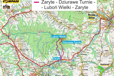 Mapa szlaku turystycznego Zaryte - Dziurawe Turnie - Luboń Wielki. Widok na góry i doliny.