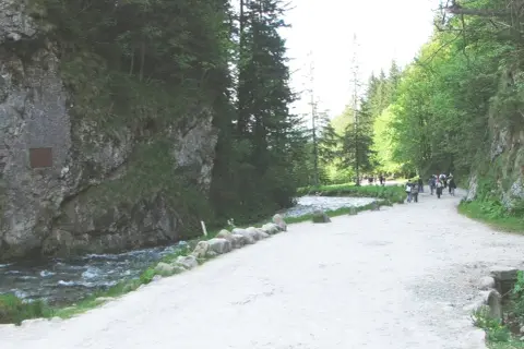 Ścieżka w górach, idealna na zakopane szczyty dla początkujących. Grupa turystów idzie wzdłuż potoku.
