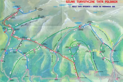 Mapa szlaków turystycznych Tatr Polskich. Kolorowe linie pokazują trasy Tatry, łącząc popularne punkty jak Morskie Oko, Dolina Kościeliska i Kuźnice.