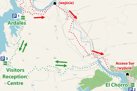 Mapa szlaku "Ścieżka Króla" z zaznaczonymi parkingami P1, P2, P3, punktem recepcyjnym i wejściami/wyjściami.