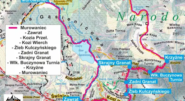 Mapa Tatr z zaznaczonymi szlakami. Widoczny m.in. Kozi Wierch, Murowaniec, Zawrat.