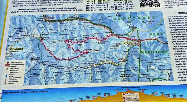 Gorce atrakcje: mapa tras narciarskich z Obidowej na Turbacz. Czas przejazdu ok. 2,5-3h.