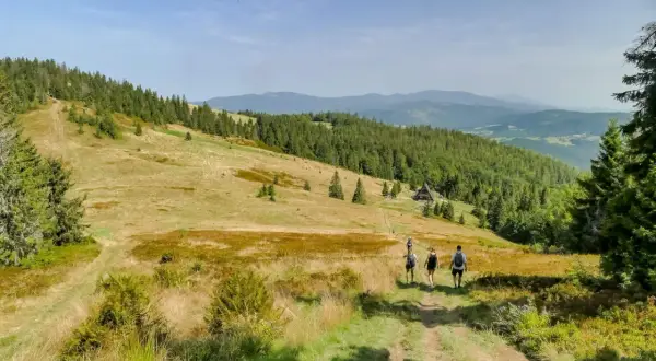 Grupa turystów wędruje ścieżką przez górzysty, zalesiony teren. W oddali widać chatę, jakby schronienie wielkiej rycerzowej.