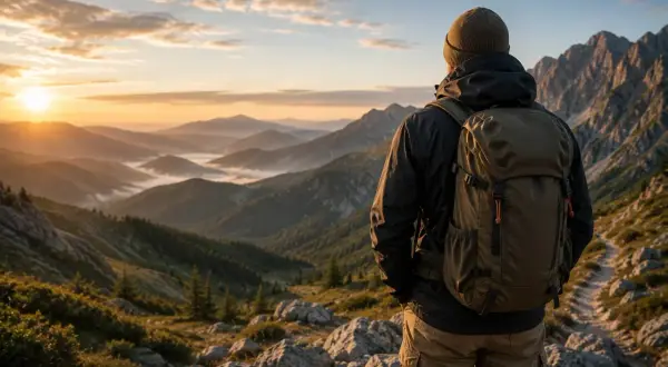 Wędrowiec w plecaku od polskich marek outdoorowych podziwia górski krajobraz o wschodzie słońca.