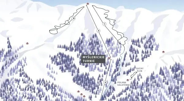 Mapa szlaków z Kasprowego Wierchu. Widok na ośnieżone stoki, lasy i wyznaczone trasy narciarskie od Kuźnic przez Myślenickie Turnie aż po szczyt.