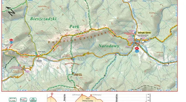 Mapa szlaku **czerwony szlak beskidzki** przez Połoninę Caryńską i Park Narodowy. Widoczne szczyty, schroniska i profile wysokości.
