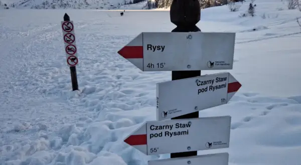 Zimowy szlak w Tatrach. Znaki wskazują drogę na Rysy, Czarny Staw pod Rysami i Morskie Oko.