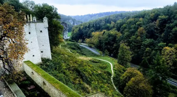 Biała wieża zamku w Ojcowie, niczym maczuga Herkulesa, góruje nad zieloną doliną.