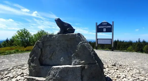 Żaba na skale podziwia skrzyczne widoki. Tablica informuje o wysokości 1257 m n.p.m.