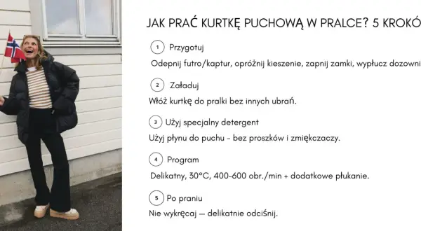 Kobieta w czarnej kurtce puchowej z flagą Norwegii. Obok instrukcja, jak prać kurtkę puchową w pralce.