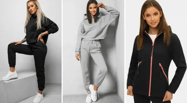 Trzy kobiety prezentują stylowe stroje: czarny dres, szary komplet i czarną kurtkę z różowymi detalami. Idealny strój w góry damski na każdą okazję.