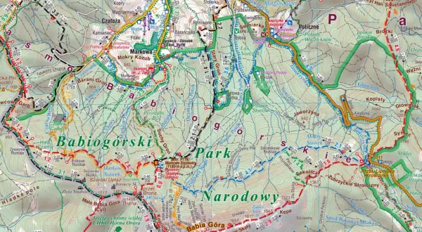 Mapa turystyczna z zaznaczonymi **beskid żywiecki szlaki**. Widoczne szczyty, doliny, potoki i punkty orientacyjne.