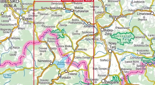 Mapa turystyczna z zaznaczonymi trasami i miejscowościami. Pokazuje skąd na Babią Górę, z zaznaczonymi szlakami i parkami narodowymi.