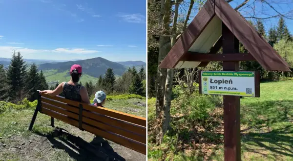 Rodzina odpoczywa na ławce, podziwiając widok na góry. Obok tabliczka informuje o szczycie Łopień, 951 m n.p.m.