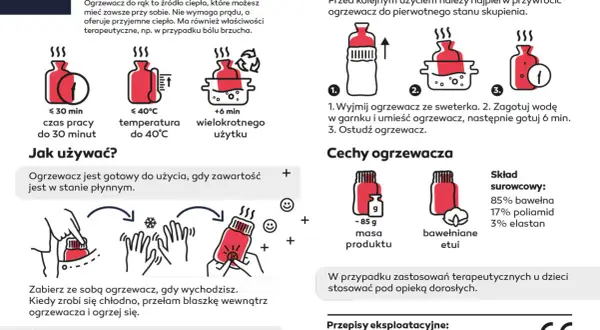 Ilustracja pokazuje, jak działają ogrzewacze do rąk: aktywacja przez przełamanie blaszki, czas pracy, temperatura, wielokrotne użycie i skład.