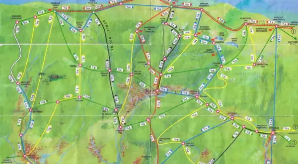 Mapa turystyczna Karkonoszy z zaznaczonymi szlakami. Kolorowe linie pokazują różne szlaki, a cyfry czas przejścia. Idealna do planowania wędrówek po Karkonoszach.