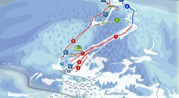 Mapa tras narciarskich w Korbielowie. Widoczny szlak na Pilsko z Sopotni Wielkiej, oznaczenia wyciągów i tras.