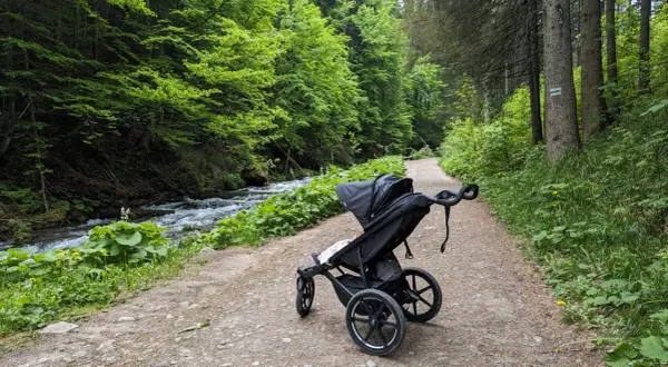 Wózek dziecięcy na leśnej ścieżce. Idealne zakopane szlaki dla dzieci z wózkiem, obok szumiącego potoku.